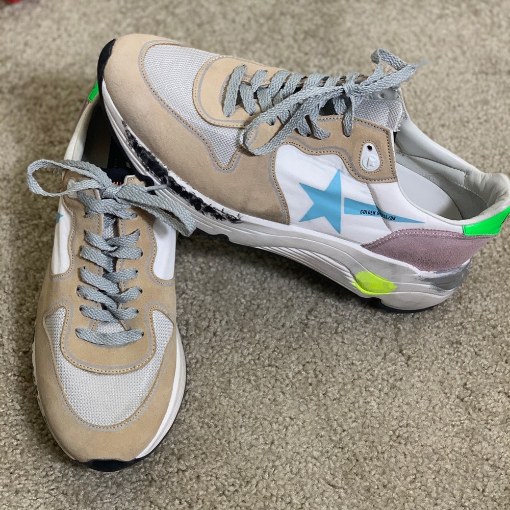 Golden Goose Beige and Blue Sneakers